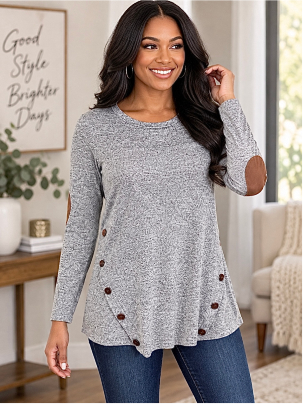 Bellamie Heather Gray Sweater with Wooden Buttons & Suede Elbow Patches